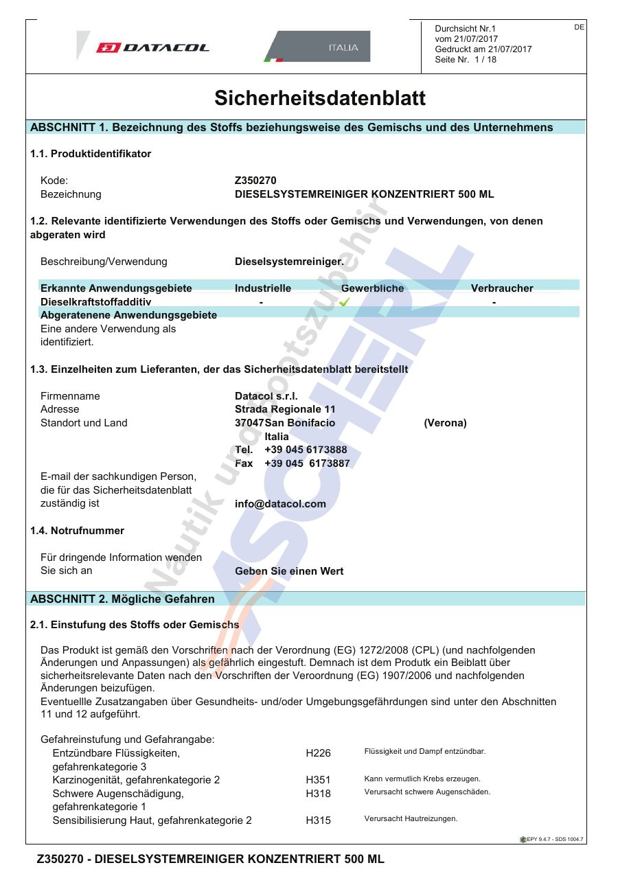 Titelseite Sicherheitsdatenblatt Datacol 13-DATACODK