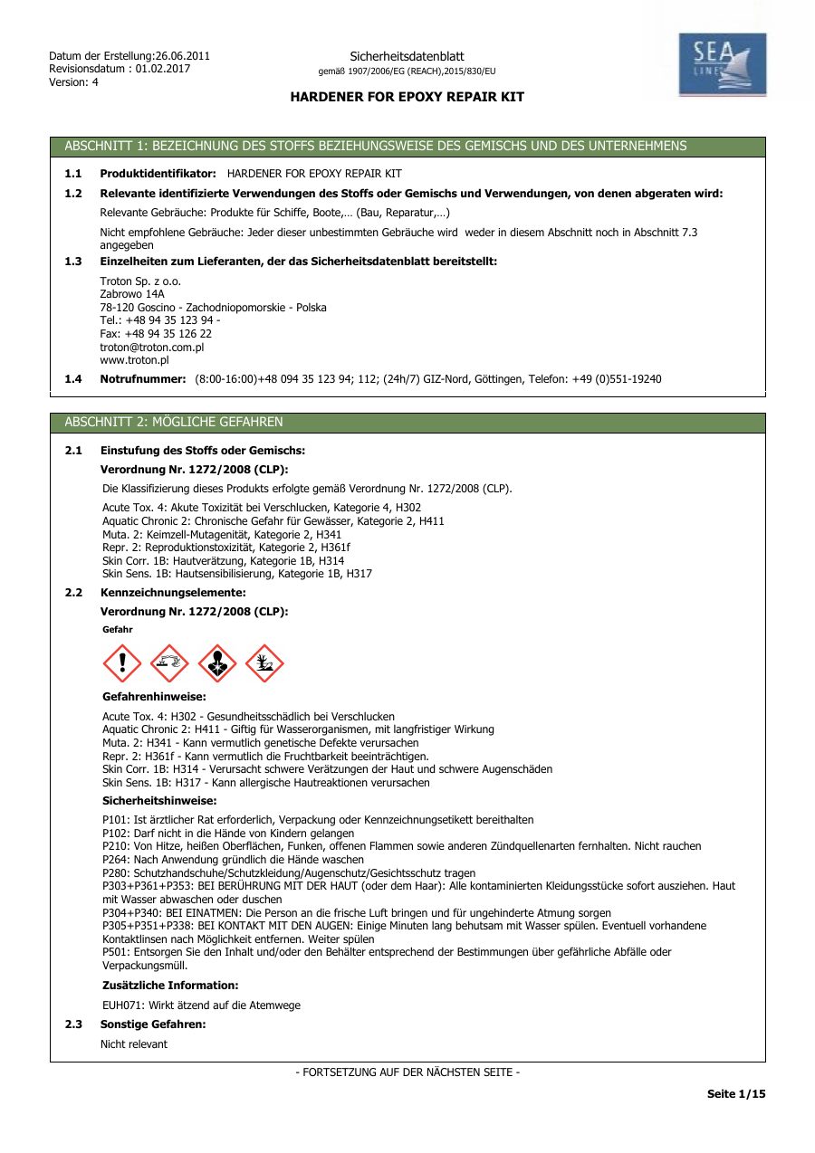 Titelseite Sicherheitsdatenblatt HARDENER FOR EPOXY REPAIR KIT