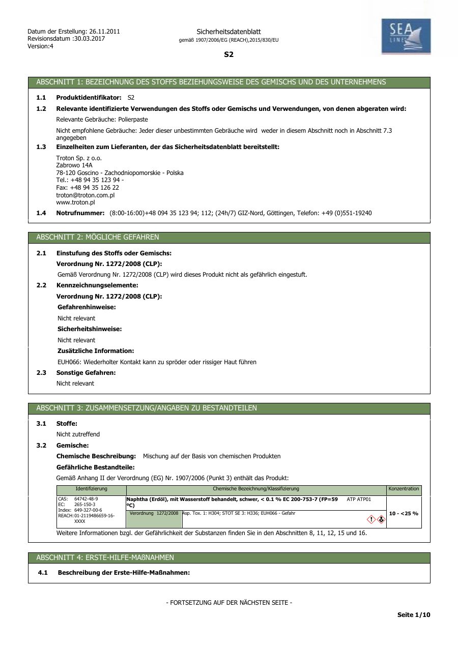 Titelseite Sicherheitsdatenblatt Sea-Line 13-SLS2500
