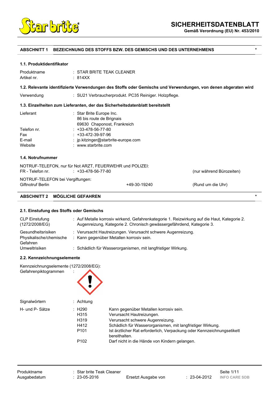 Titelseite Sicherheitsdatenblatt STAR BRITE TEAK CLEANER (13-STEAKC3)