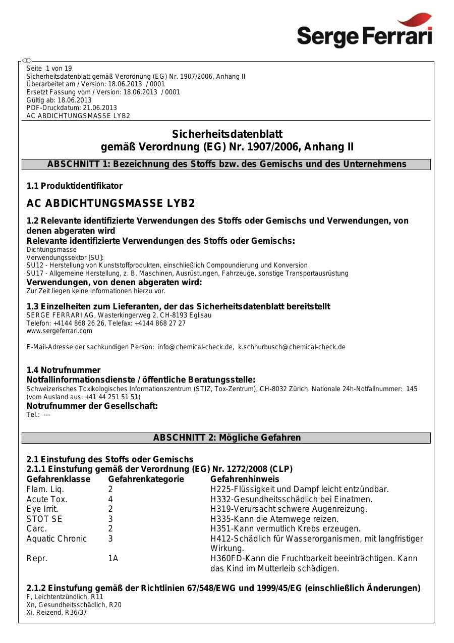 Titelseite Sicherheitsdatenblatt AC ABDICHTUNGSMASSE LYB2 (09-STAMNAHT)