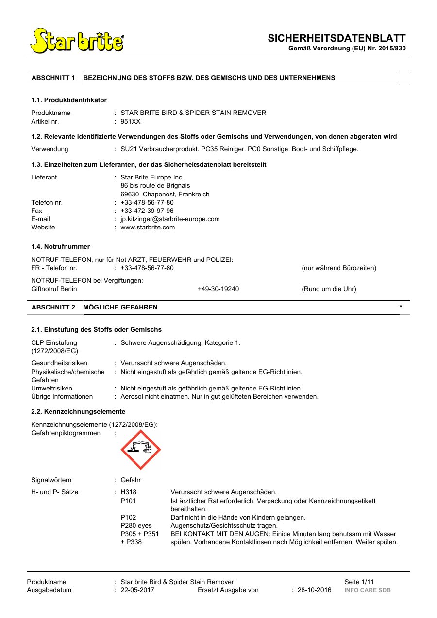 Titelseite Sicherheitsdatenblatt STAR BRITE BIRD & SPIDER STAIN REMOVER (13-SSPIDERR)