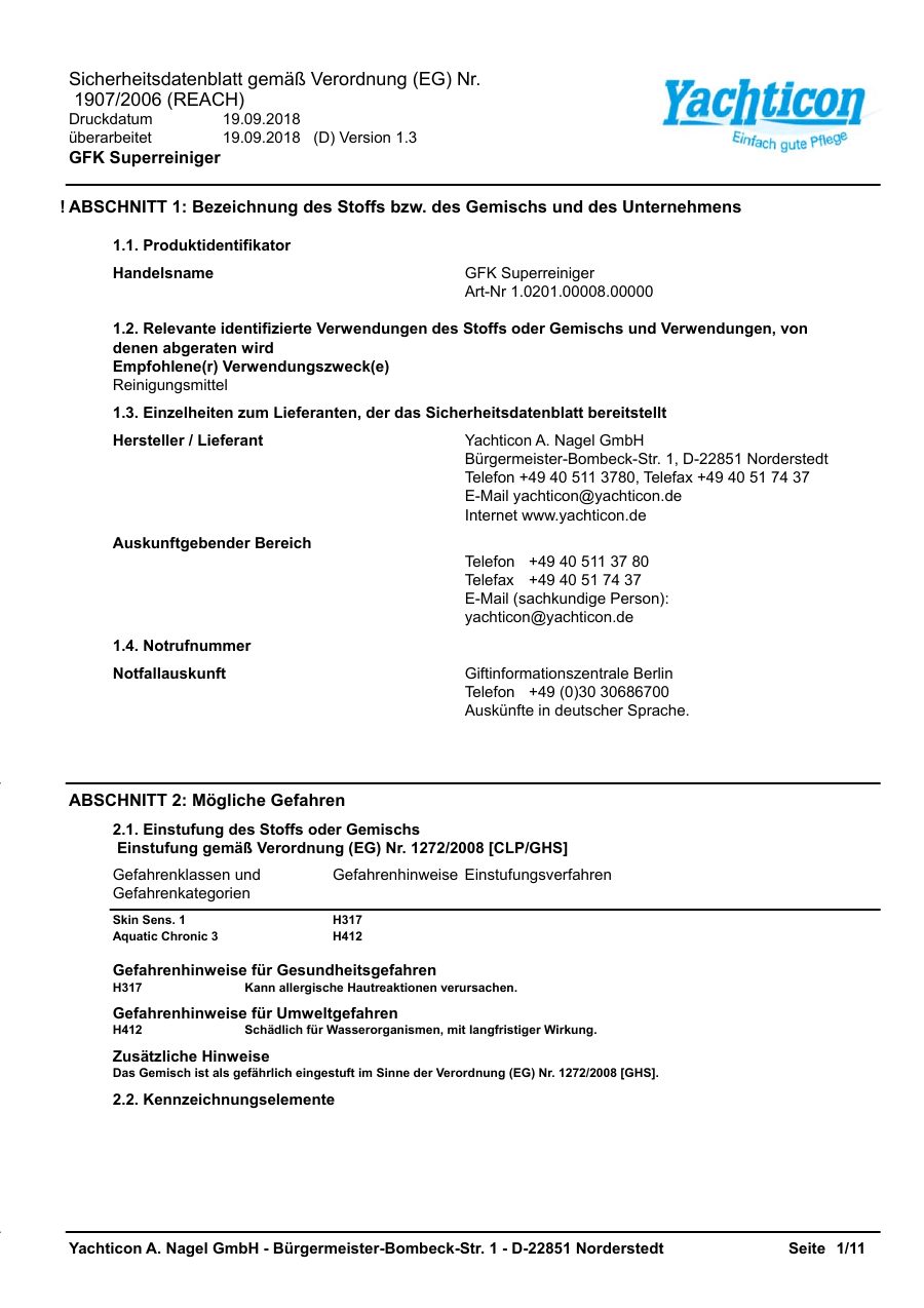 Titelseite Sicherheitsdatenblatt GFK Superreiniger (13-YGFK)