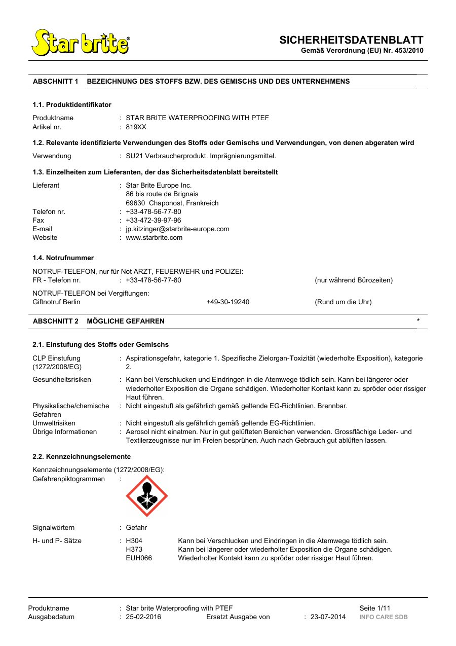 Titelseite Sicherheitsdatenblatt STAR BRITE WATERPROOFING WITH PTEF (13-SWATERPR)