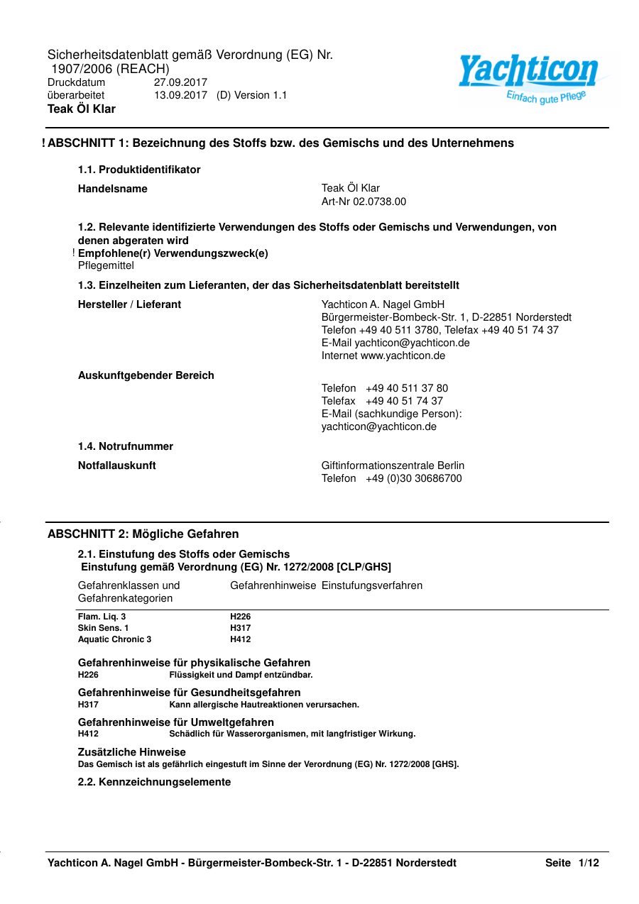 Titelseite Sicherheitsdatenblatt Teak Öl Klar (13-YTEAKOC)