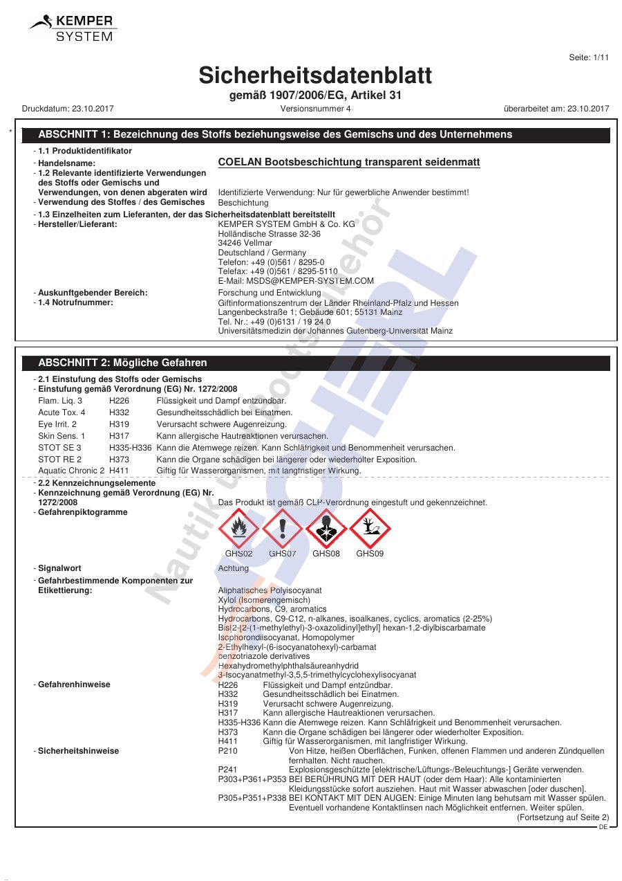 Titelseite Sicherheitsdatenblatt COELAN Bootsbeschichtung transparent seidenmatt (13-CBTS375)