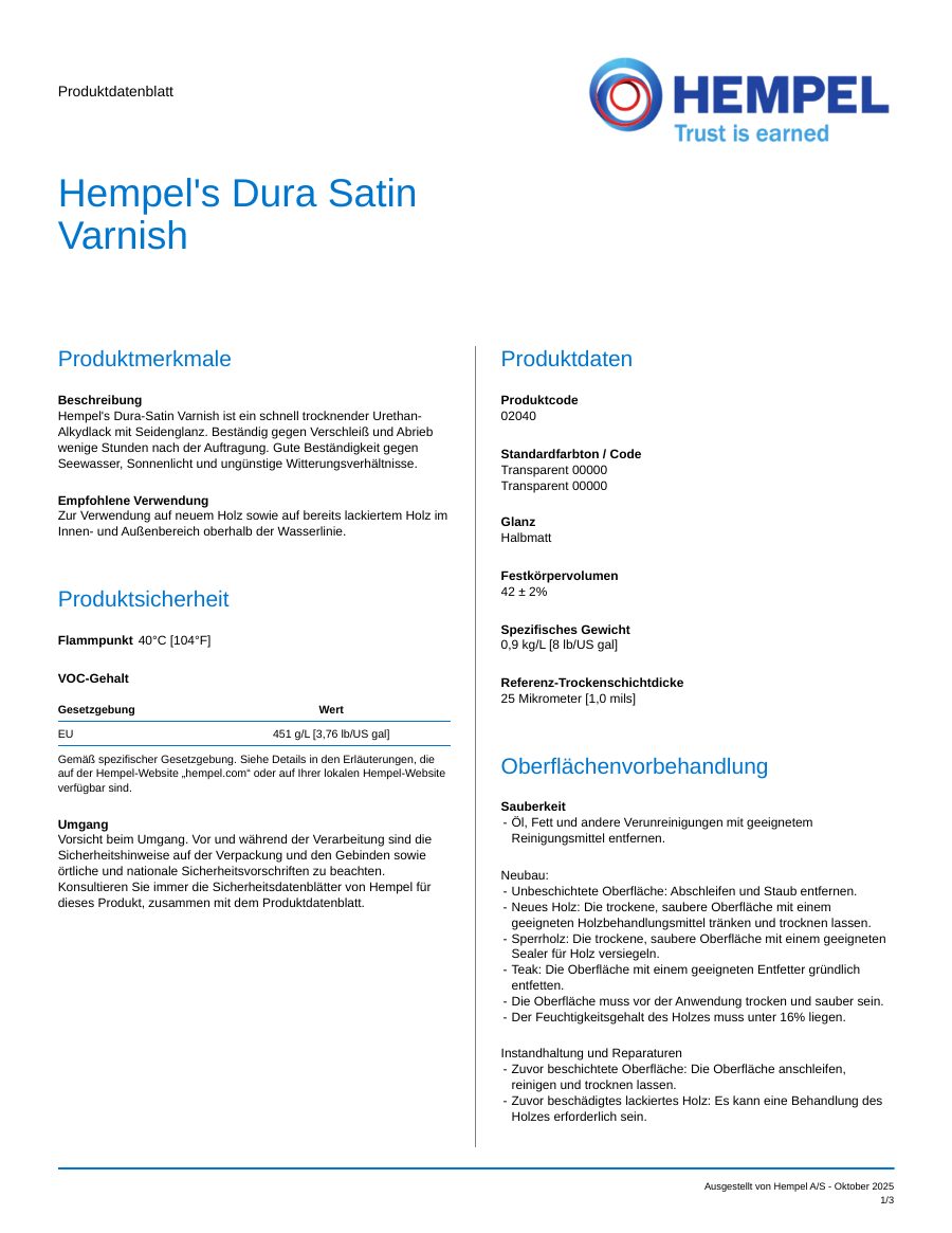 Titelseite Datenblatt Hempel's Dura-Satin Varnish (02040)