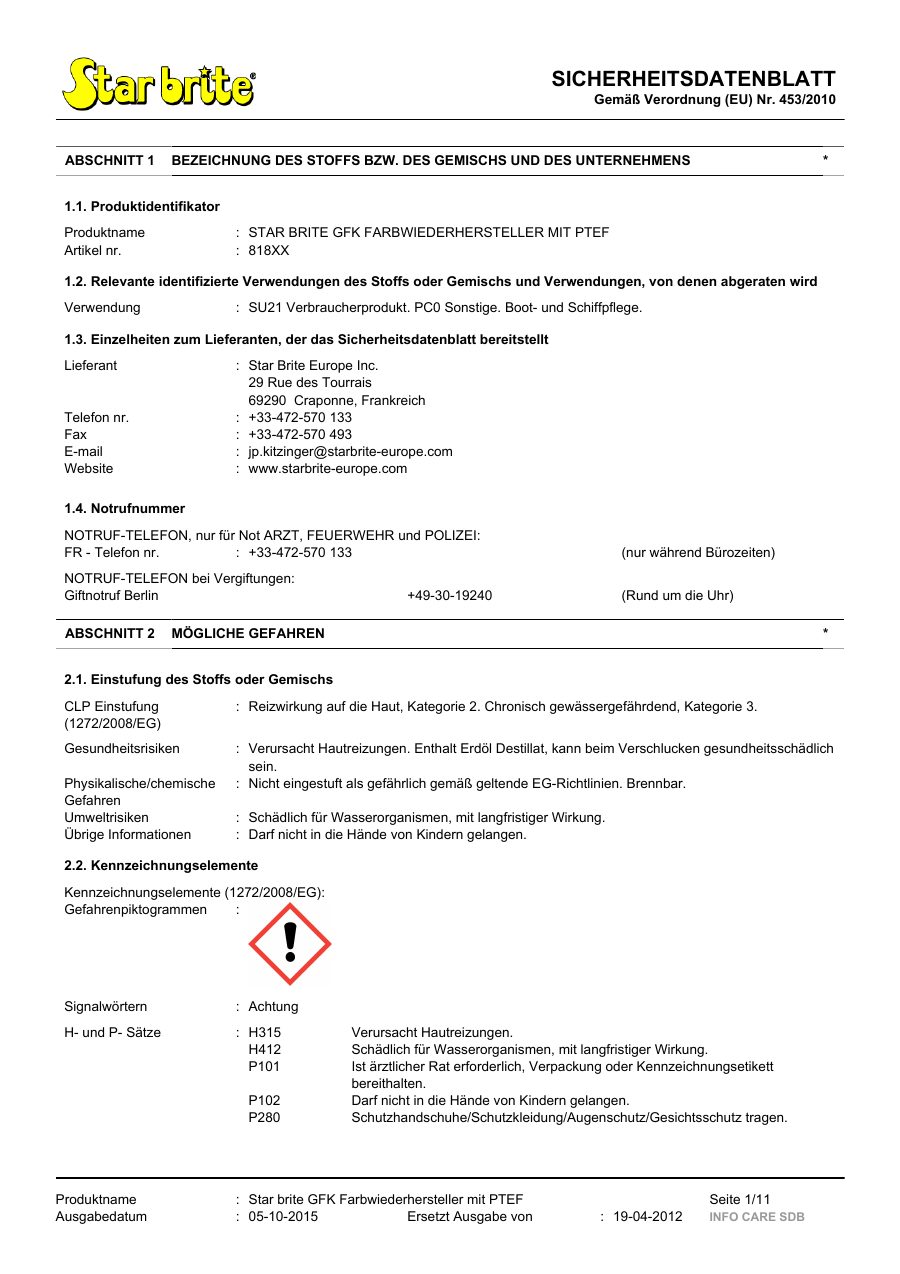 Titelseite Sicherheitsdatenblatt STAR BRITE GFK FARBWIEDERHERSTELLER MIT PTEF (13-SFIBER)