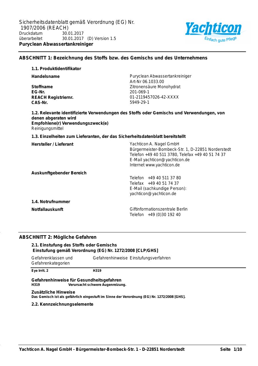 Titelseite Sicherheitsdatenblatt Puryclean Abwassertankreiniger (18-PURYCLEA)
