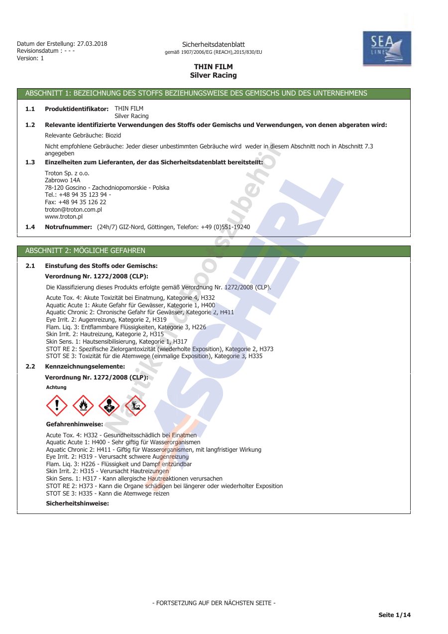 Titelseite Sicherheitsdatenblatt THIN FILM (13-SLDS75A)