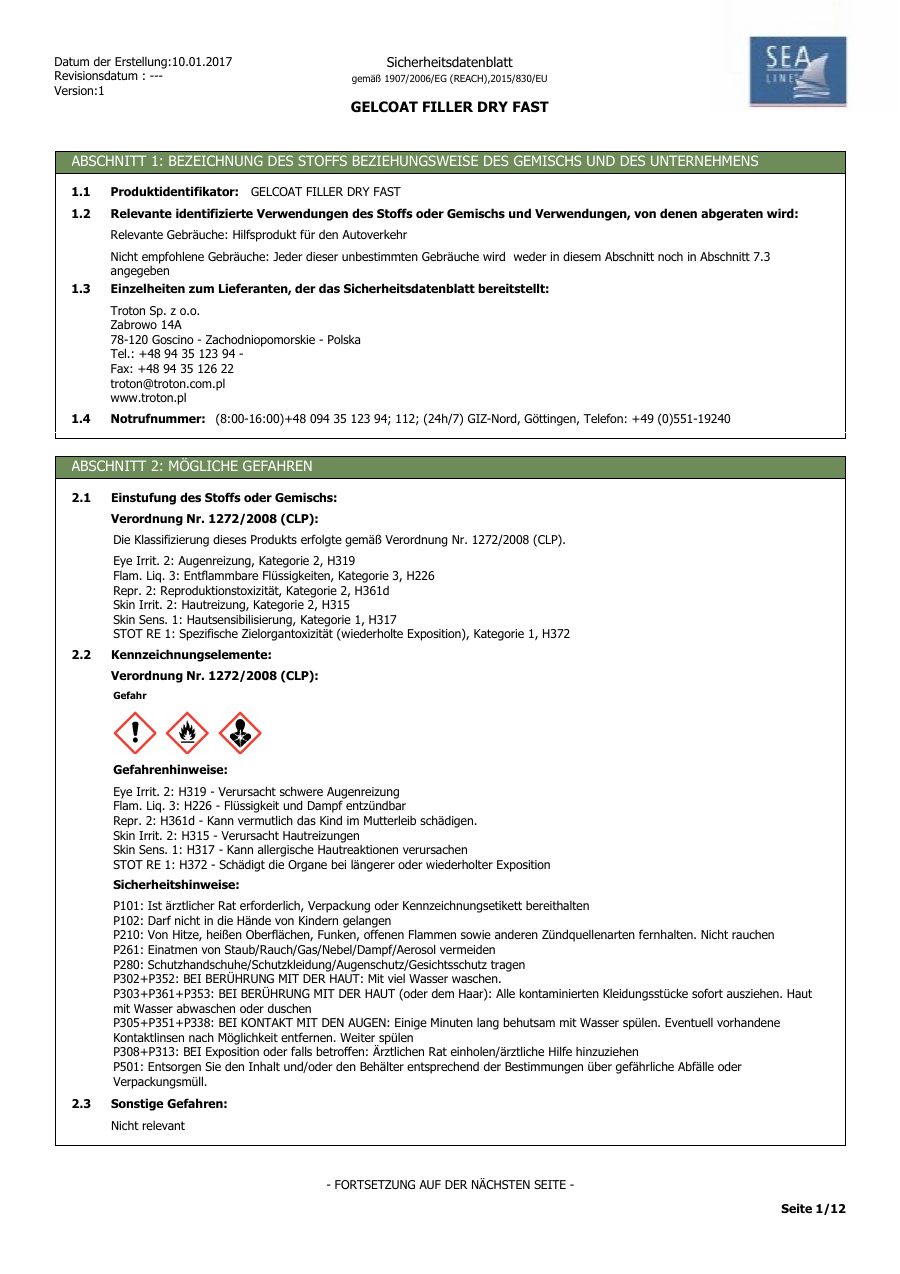 Titelseite Sicherheitsdatenblatt GELCOAT FILLER DRY FAST