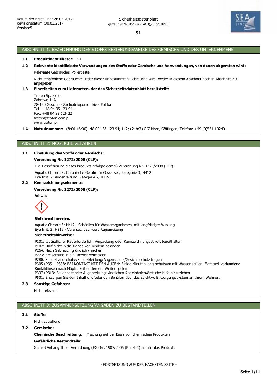 Titelseite Sicherheitsdatenblatt Sea-Line 13-SLS11200