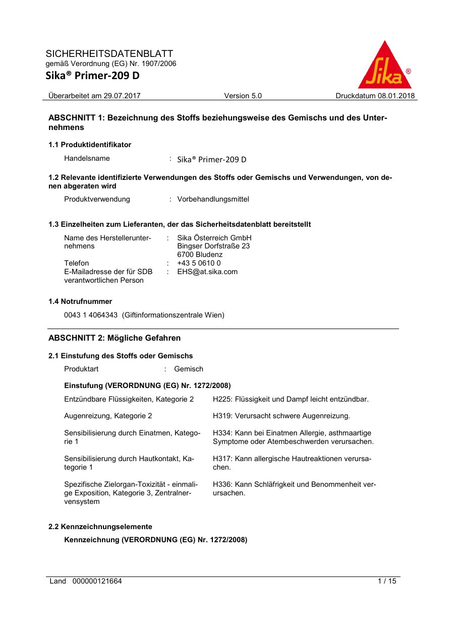 Titelseite Sicherheitsdatenblatt Sika® Primer-209 D (13-SP20925)