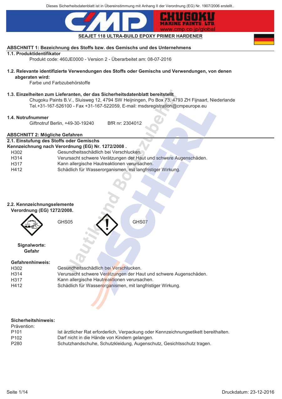 Titelseite Sicherheitsdatenblatt SEAJET 118 ULTRA-BUILD EPOXY PRIMER HARDENER (13-SJ11825_H)