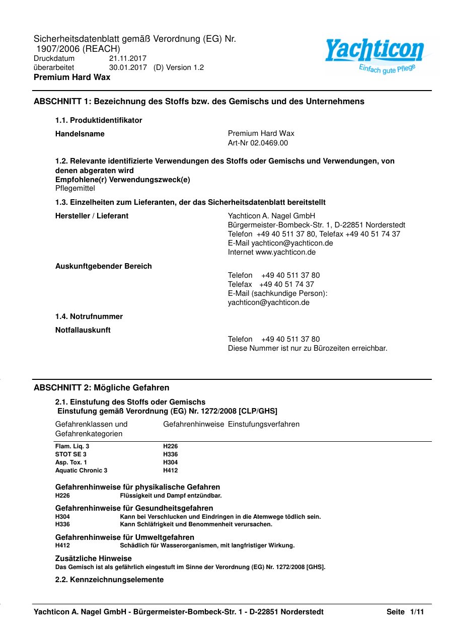 Titelseite Sicherheitsdatenblatt Premium Hard Wax (13-YTEFLONW)