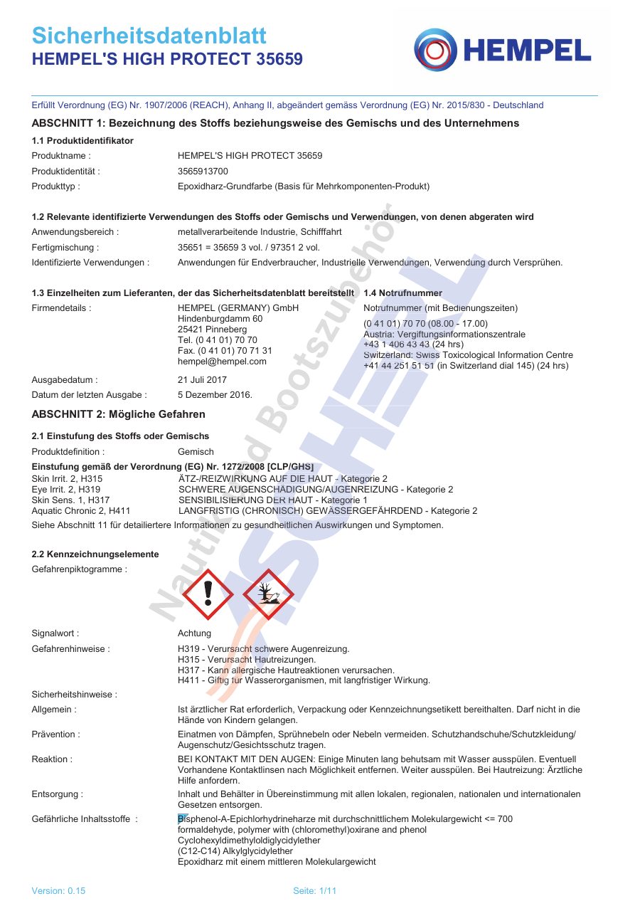 Titelseite Sicherheitsdatenblatt HEMPEL'S HIGH PROTECT 35659 (13-HHIGH25G_Base)