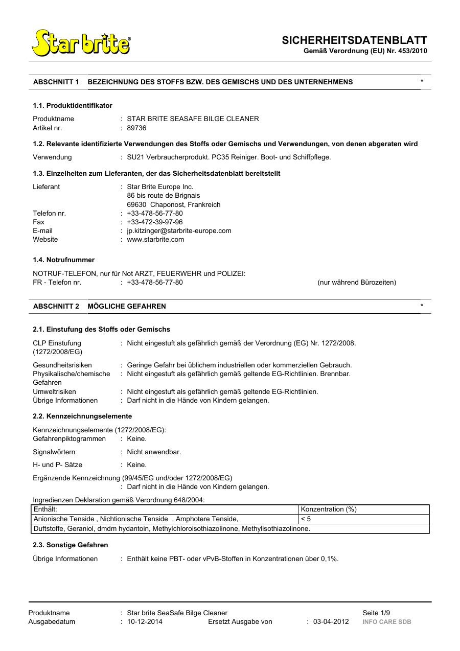 Titelseite Sicherheitsdatenblatt STAR BRITE SEASAFE BILGE CLEANER (13-SBILGE)
