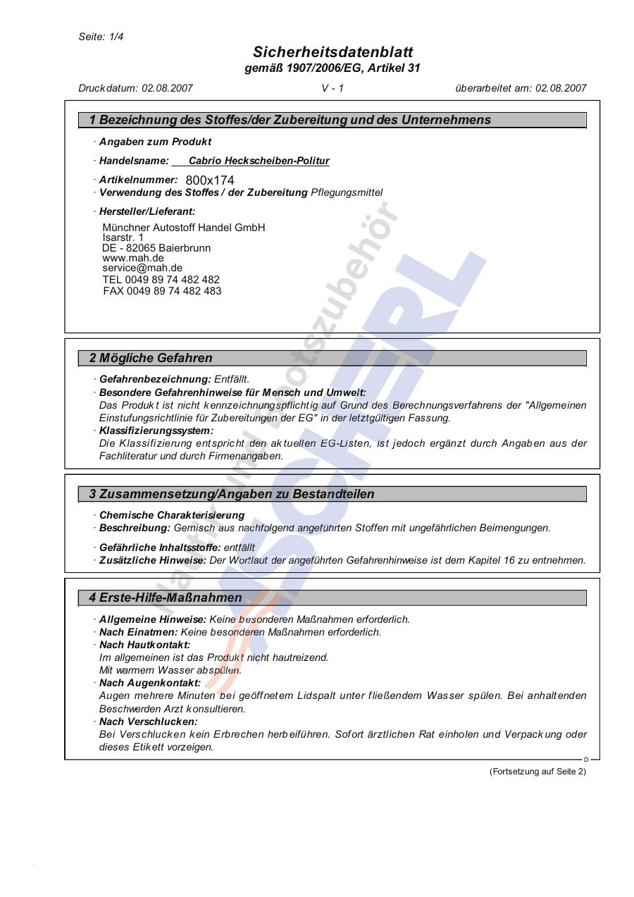 Titelseite Sicherheitsdatenblatt Cabrio Heckscheiben-Politur (09-FOLIECLE)