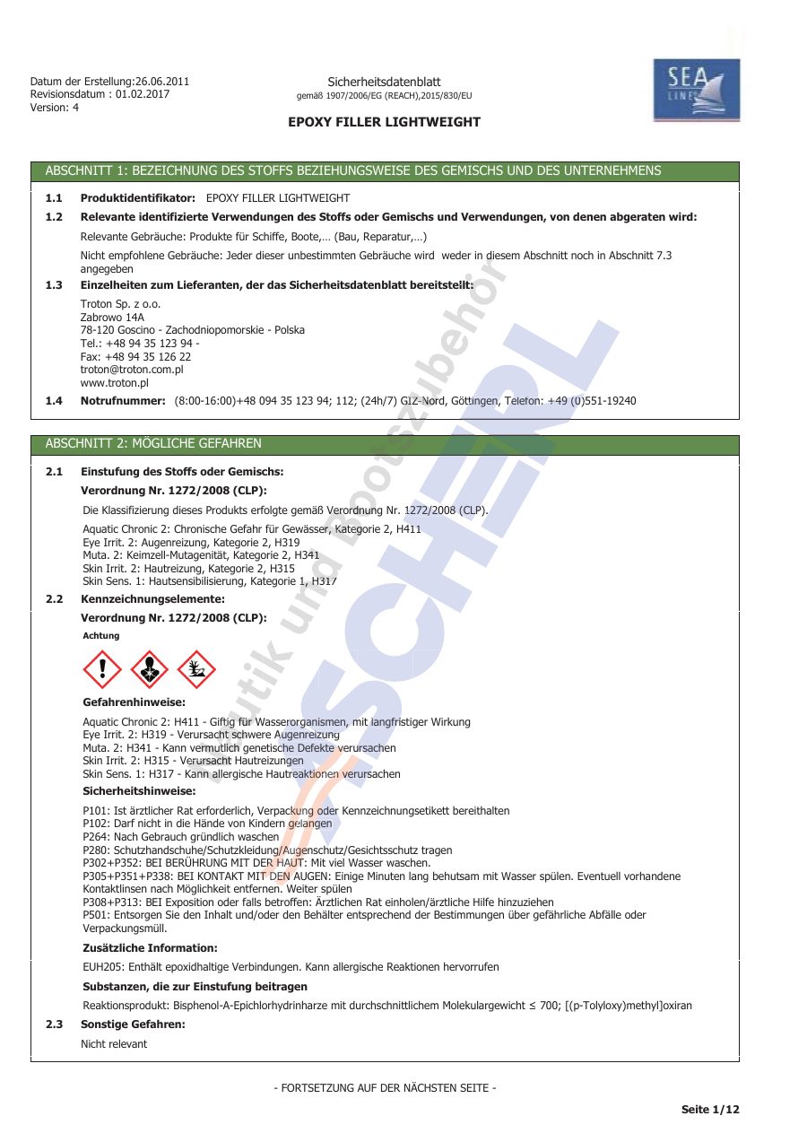 Titelseite Sicherheitsdatenblatt EPOXY FILLER LIGHTWEIGHT (13-SLEFL07)