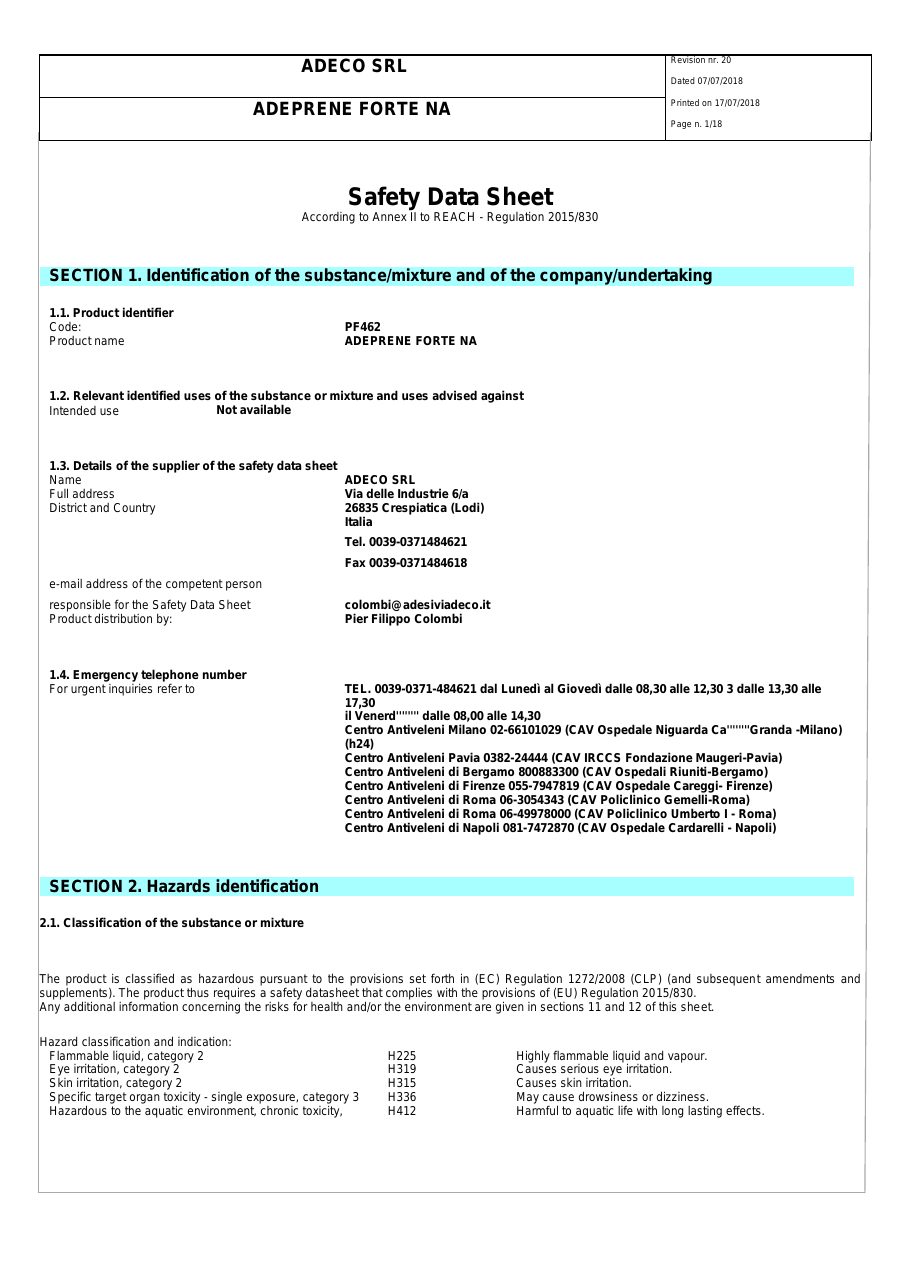 Titelseite Sicherheitsdatenblatt ADEPRENE FORTE NA (13-YSCHLRGH_Basis)