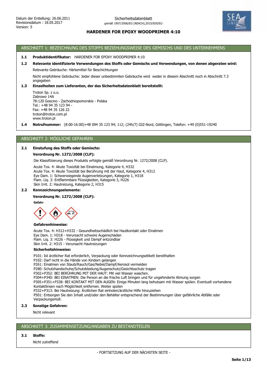Titelseite Sicherheitsdatenblatt HARDENER FOR EPOXY WOODPRIMER 4:10