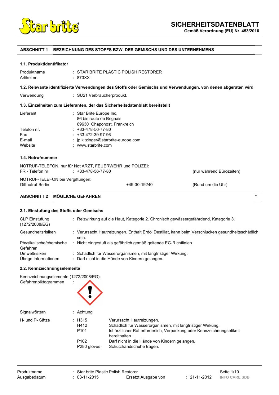 Titelseite Sicherheitsdatenblatt STAR BRITE PLASTIC POLISH RESTORER (13-SPLASTP2)