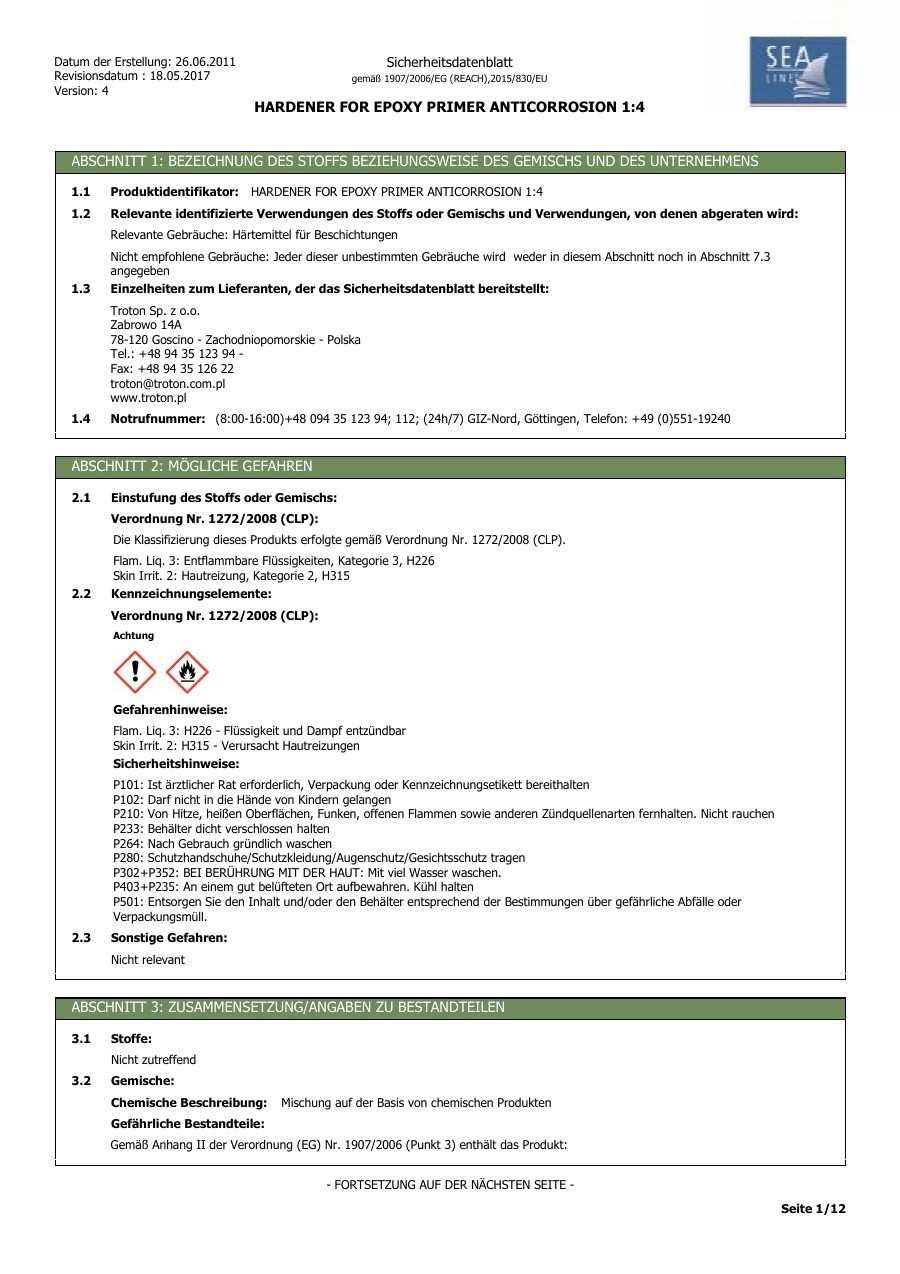 Titelseite Sicherheitsdatenblatt HARDENER FOR EPOXY PRIMER ANTICORROSION 1:4