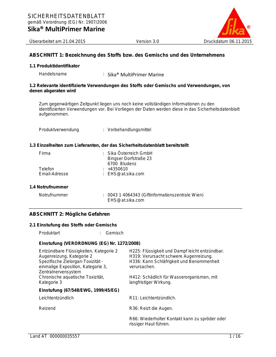 Titelseite Sicherheitsdatenblatt Sika® MultiPrimer Marine (13-SPMULTI1)