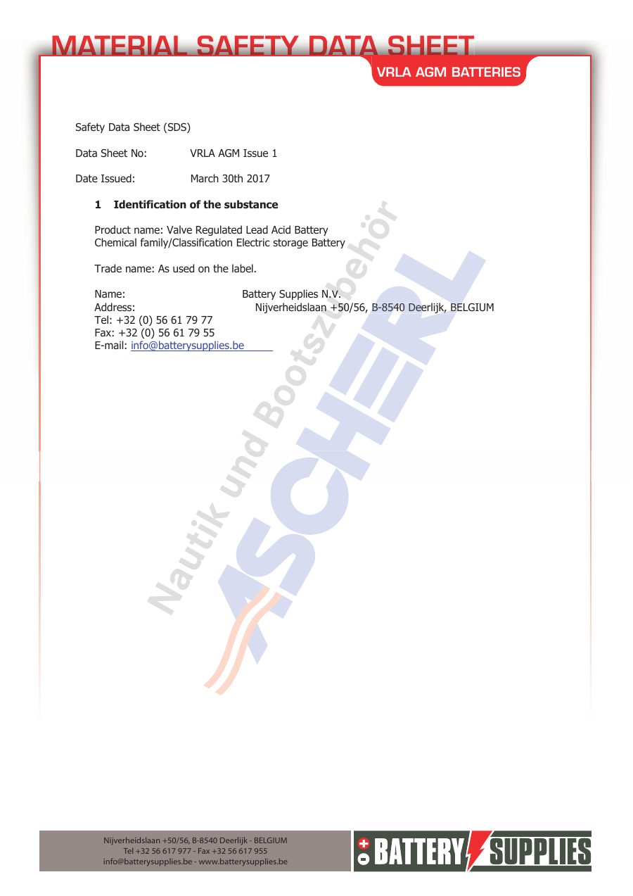 Titelseite Sicherheitsdatenblatt Valve Regulated Lead Acid Battery (10-AGM100M)