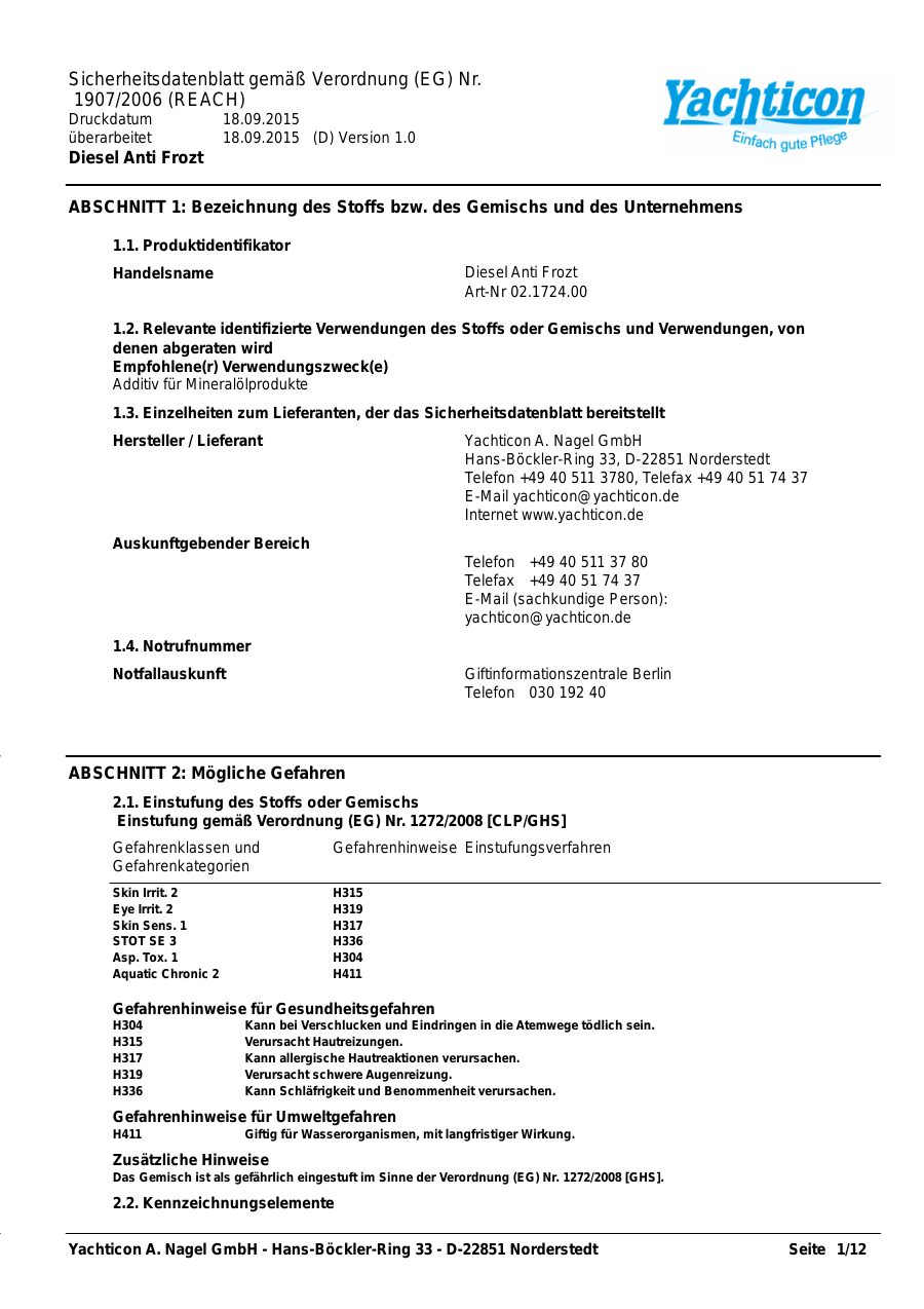 Titelseite Sicherheitsdatenblatt Diesel Anti Frozt (13-YDFROST)