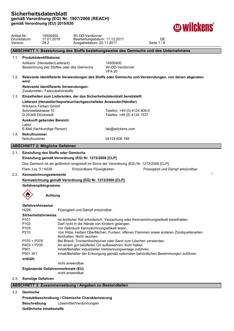 Titelseite Sicherheitsdatenblatt Wi-DD-Verdünner (13-WVDD)