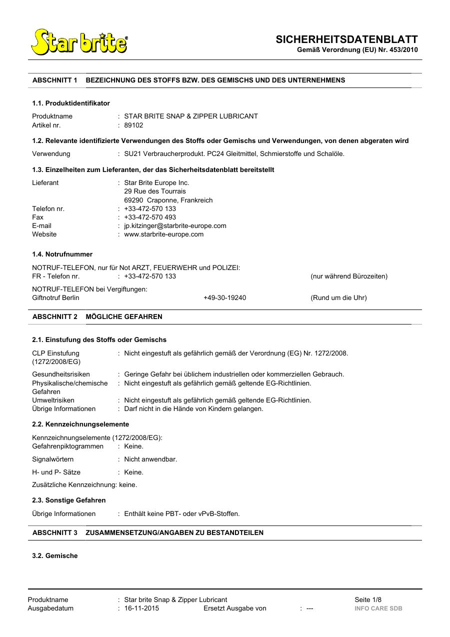 Titelseite Sicherheitsdatenblatt STAR BRITE SNAP & ZIPPER LUBRICANT (13-SSNAP)