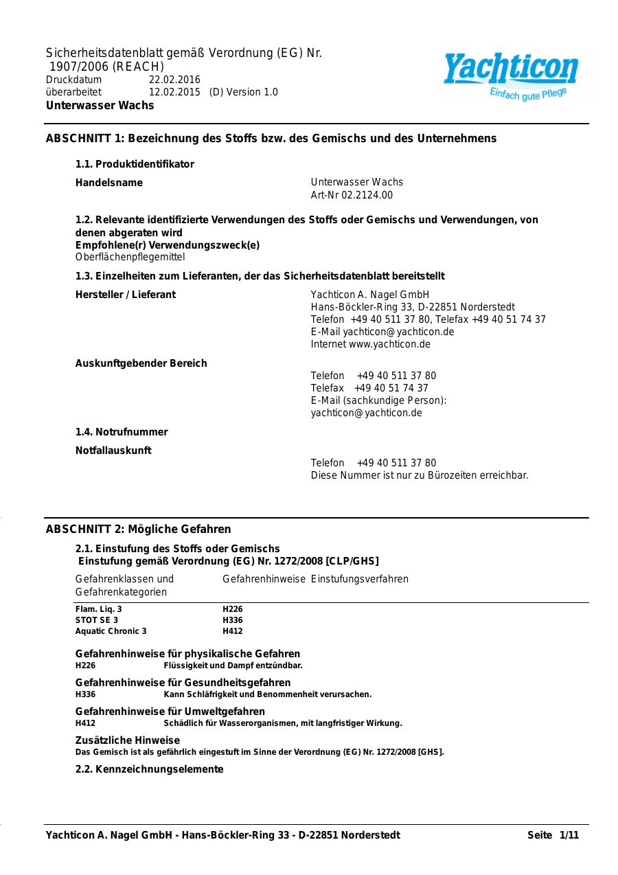 Titelseite Sicherheitsdatenblatt Unterwasser Wachs (13-YUNTERW)