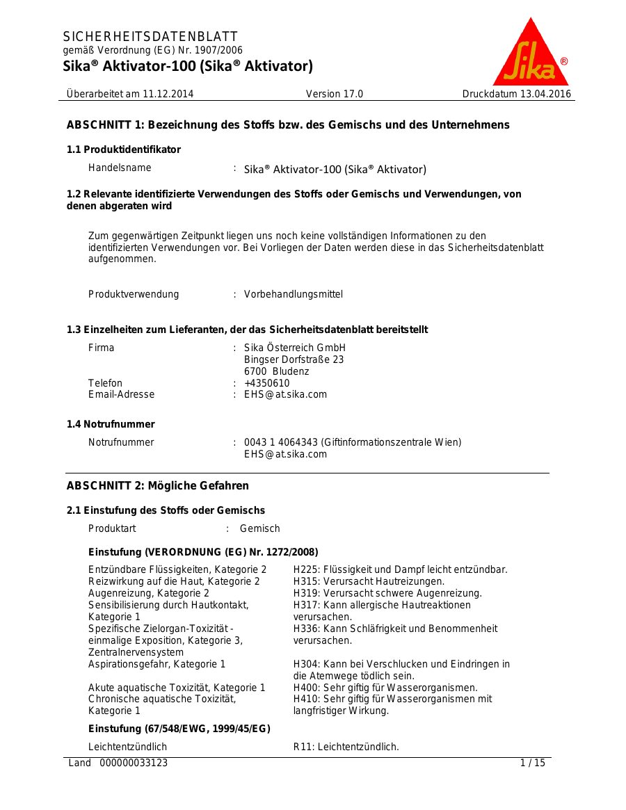 Titelseite Sicherheitsdatenblatt Sika® Aktivator-100 (Sika® Aktivator) (13-SAKTIV2)