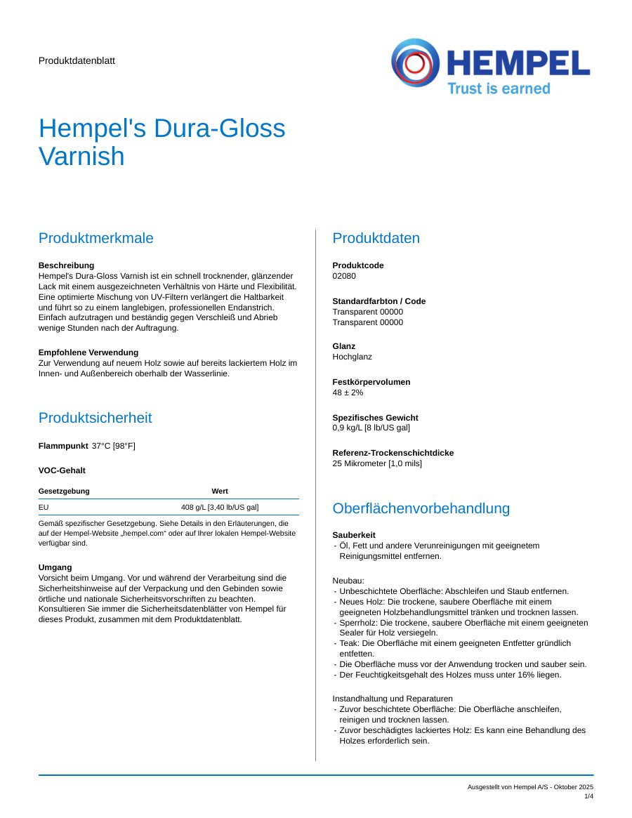 Titelseite Datenblatt Hempel's Dura-Gloss Varnish (02080)