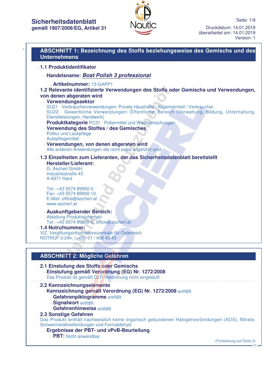 Titelseite Sicherheitsdatenblatt Boat Polish 3 professional (13-GAPP1_DE)